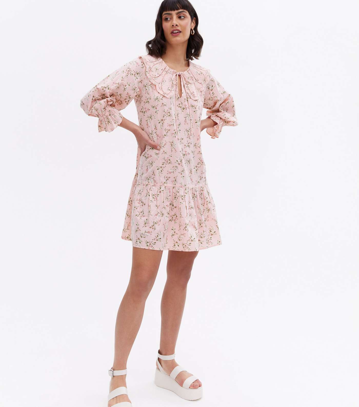 Pink Floral Tie Collar Tiered Mini Smock Dress Image 2