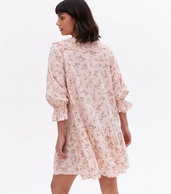 Pink Floral Tie Collar Tiered Mini Smock Dress New Look