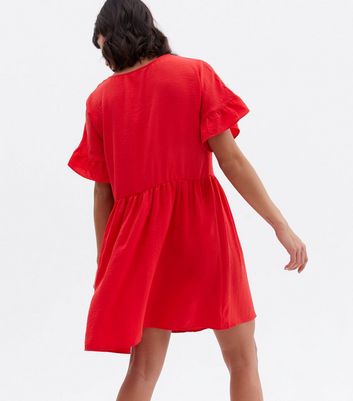 Red Herringbone Button Front Mini Smock 
