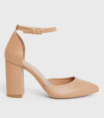 Camel Pointed Block Heel Court Shoes