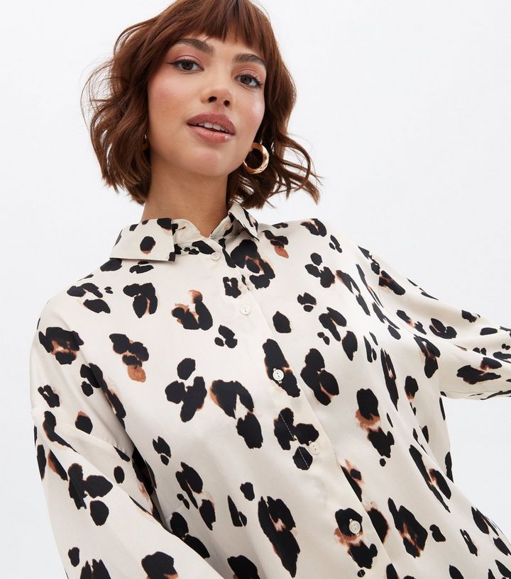 White Leopard Print Satin Oversized Shirt | New Look