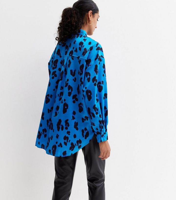 Blue Leopard Print Satin Oversized Shirt | New Look