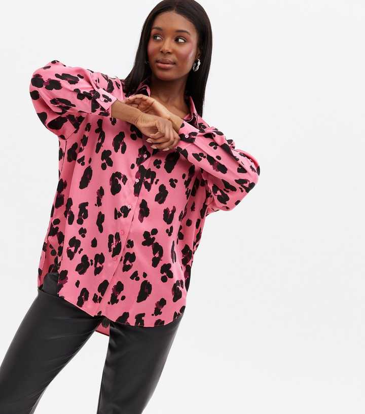 Pink Leopard Print Satin Oversized Shirt