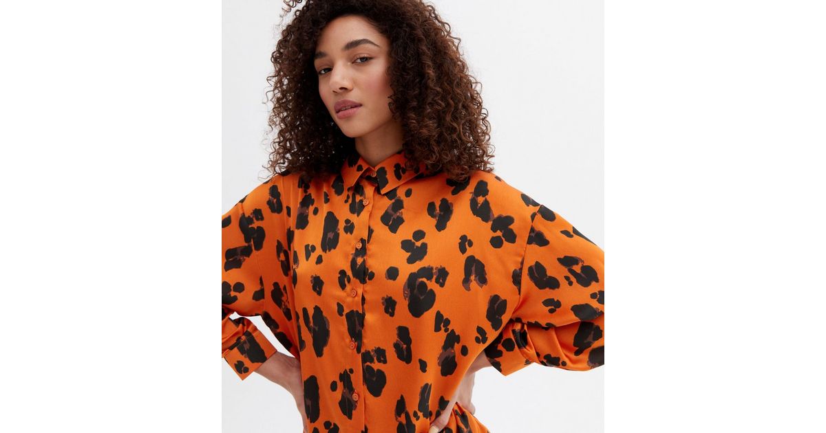 Orange Leopard Print Satin Oversized Shirt