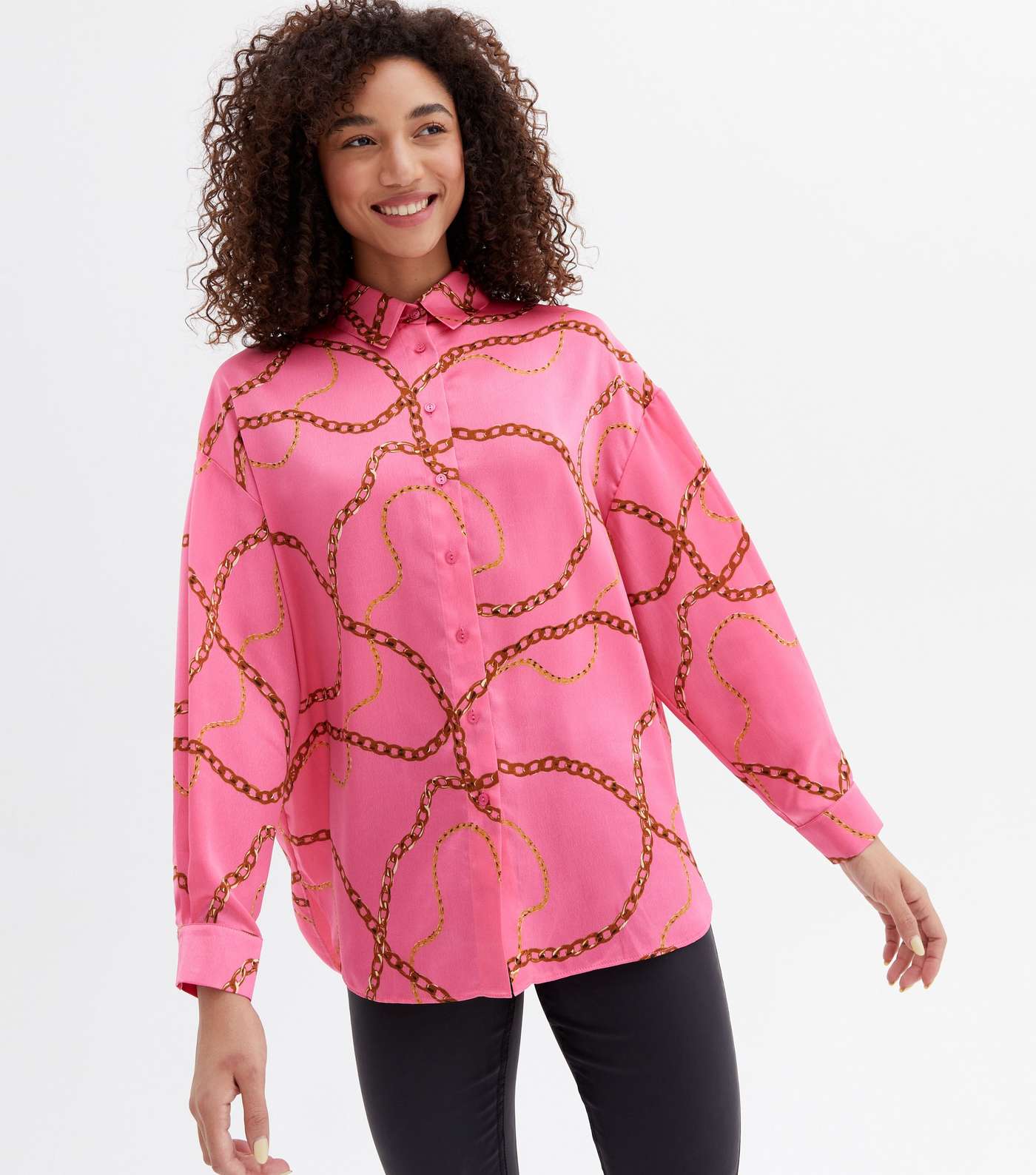 Pink Chain Satin Oversized Shirt Image 3