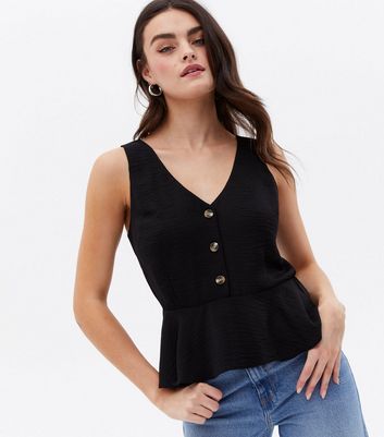 Black Button Front Peplum Cami New Look