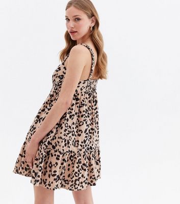 Brown Leopard Print Square Neck Mini Smock Dress New Look