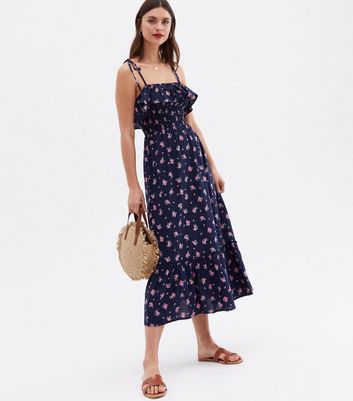 Blue Floral Shirred Frill Trim Square Neck Midi Dress