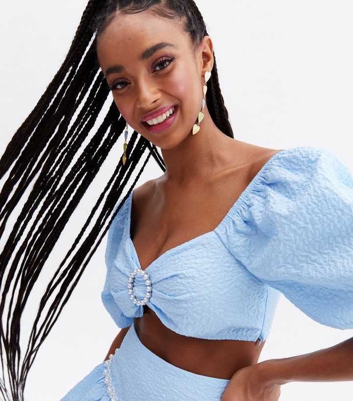 Time to Escape Blue Puff Sleeve Crop Top