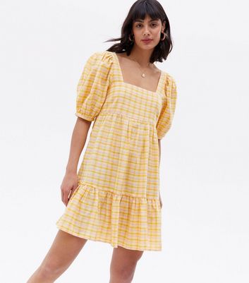 Yellow Check Tie Back Square Neck Mini Dress New Look