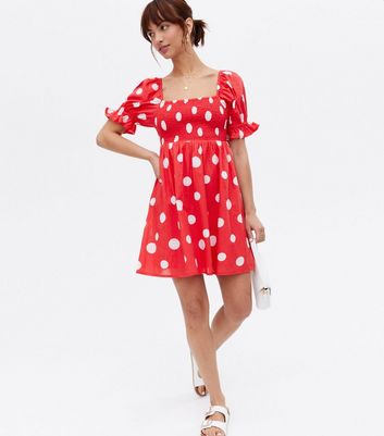 Click to view product details and reviews for Red Spot Shirred Square Neck Mini Dress New Look.