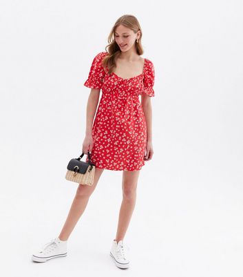 Red Floral Linen-Look Sweetheart Neck Mini Dress New Look