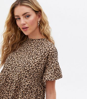 Brown Leopard Print Jersey Mini Smock Dress New Look