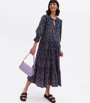 Blue Floral Tie Collar Tiered Midi Smock Dress