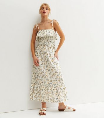 Off White Floral Tie Strap Shirred Midi Dress