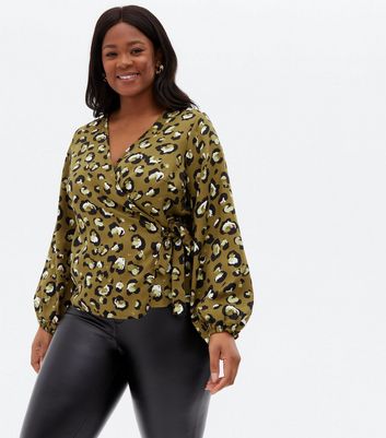 Vero Moda Curves Dark Green Leopard Print Wrap Blouse | New Look