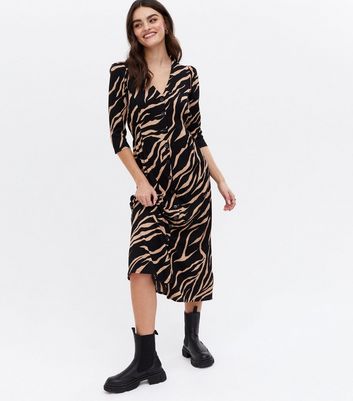 Brown Zebra Print Crinkle Button Midi Dress New Look