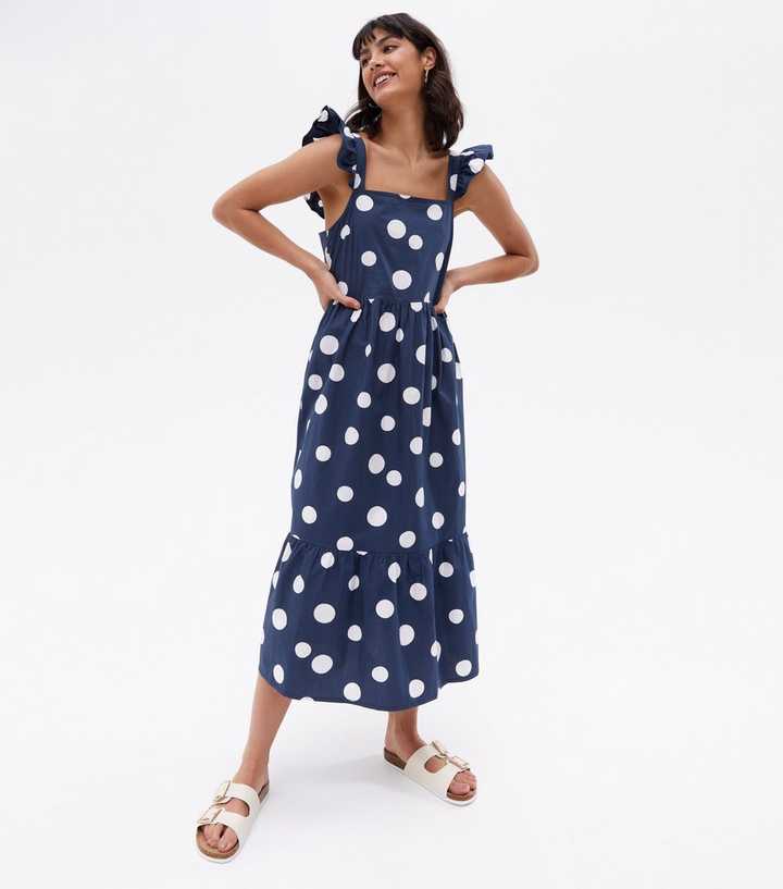Blue Spot Tie Back Tiered Midi Dress | New Look