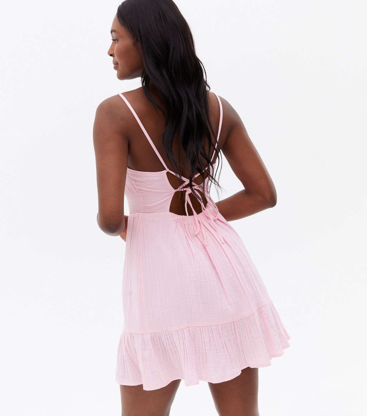 Pink Strappy Square Neck Tiered Mini Dress Image 4