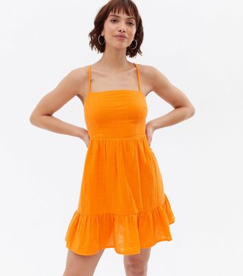 Bright Orange Strappy Square Neck Tiered Mini Dress New Look