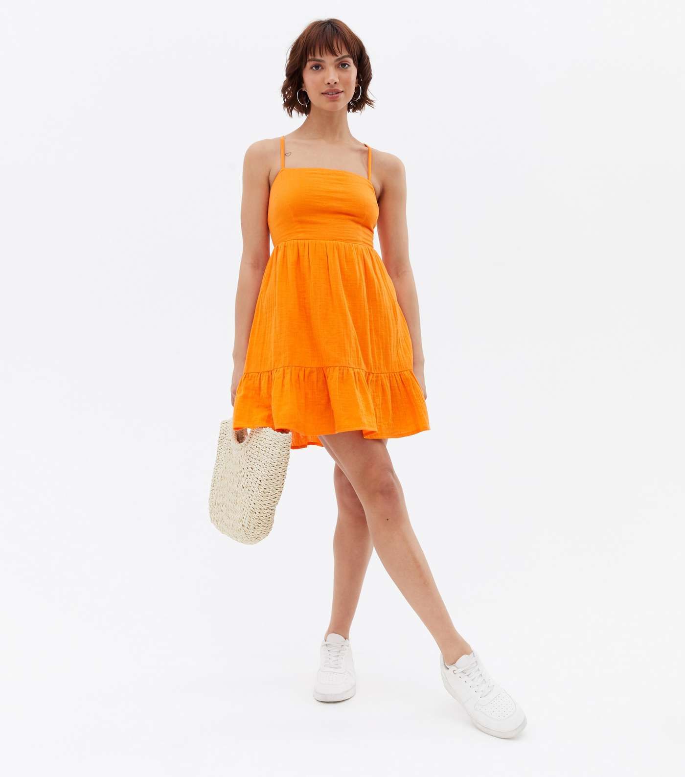 Bright Orange Strappy Square Neck Tiered Mini Dress Image 2