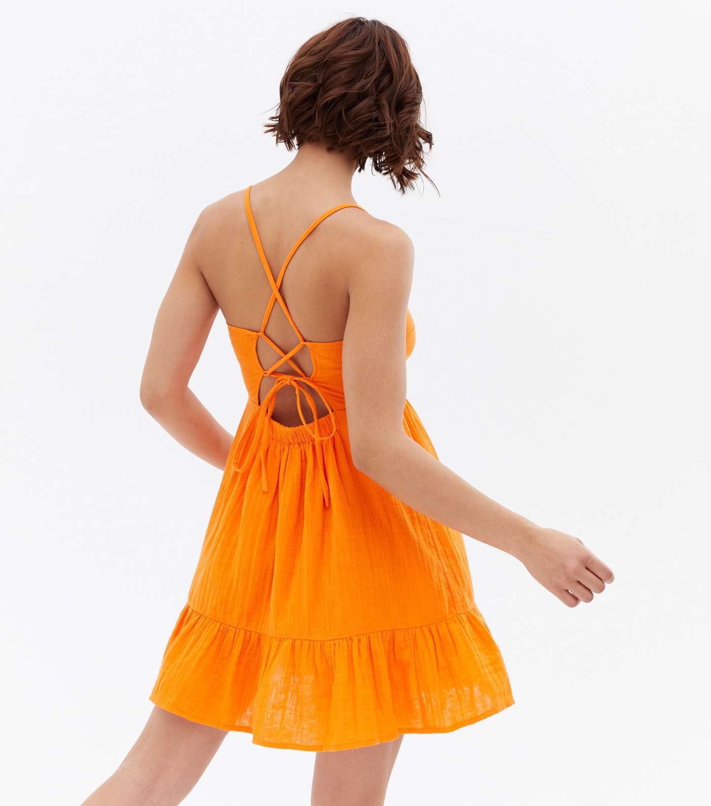 Bright Orange Strappy Square Neck Tiered Mini Dress Image 4