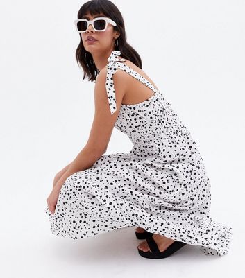 White Spot Tie Strap Tiered Midi Dress 