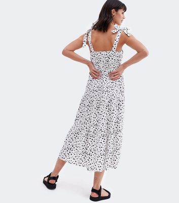 White Spot Tie Strap Tiered Midi Dress New Look