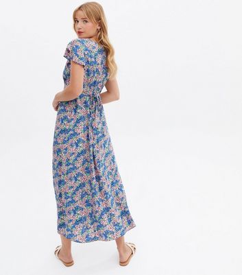 Blue Ditsy Floral Frill Sleeve Split 