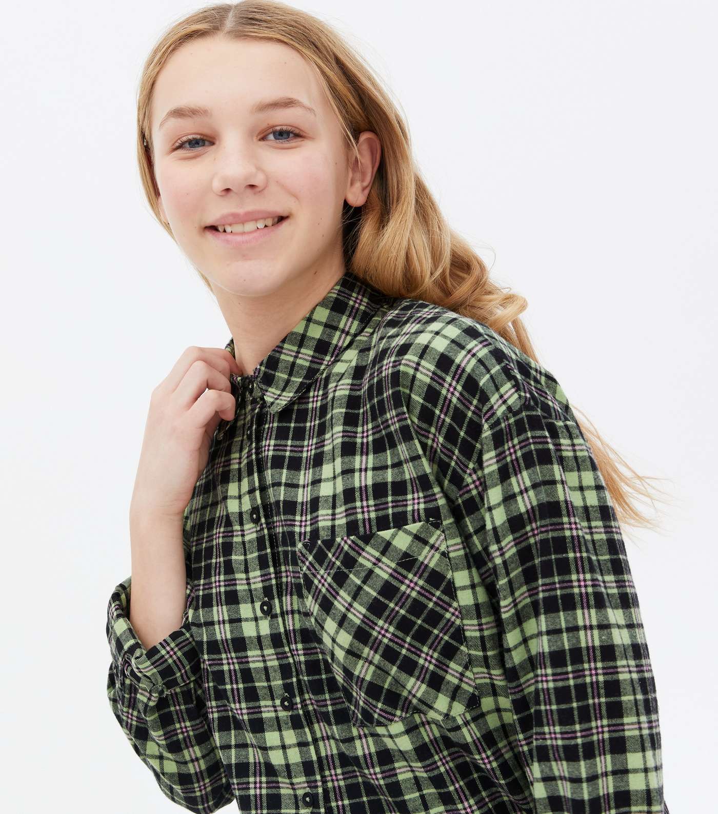 Girls Green Check Long Sleeve Shirt Image 3