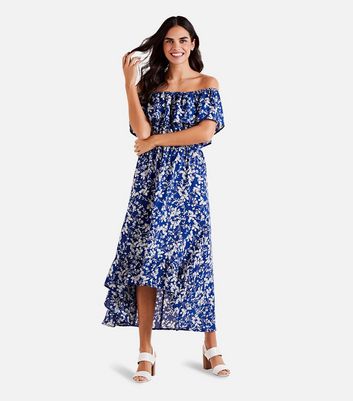 Mela Blue Floral Bardot Dip Hem Maxi Dress New Look