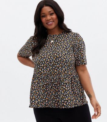 Curves Black Ditsy Floral Crepe Peplum Blouse New Look