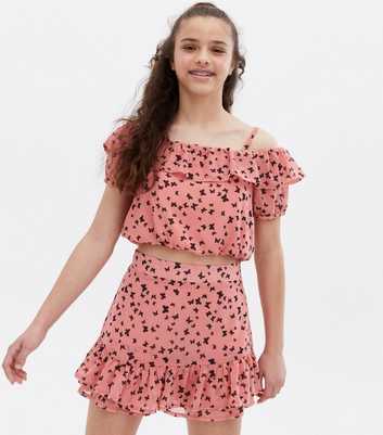 Girls Pink Butterfly Chiffon Frill Cold Shoulder Top