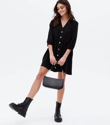 Black Button Front Mini Smock Dress New Look