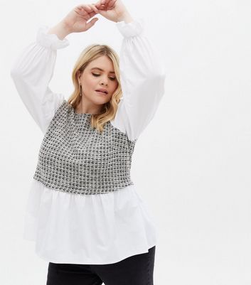 Curves White Check Bouclé 2-in-1 Peplum 