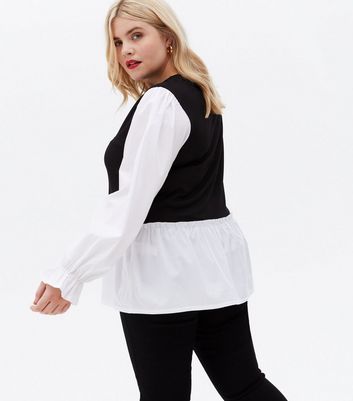 Curves Black Poplin 2 in 1 Vest Jumper Peplum Blouse New Look