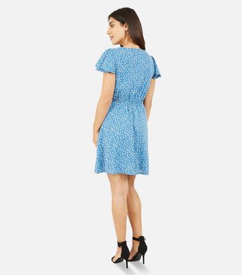 Mela Blue Ditsy Floral Mini Wrap Skater Dress New Look