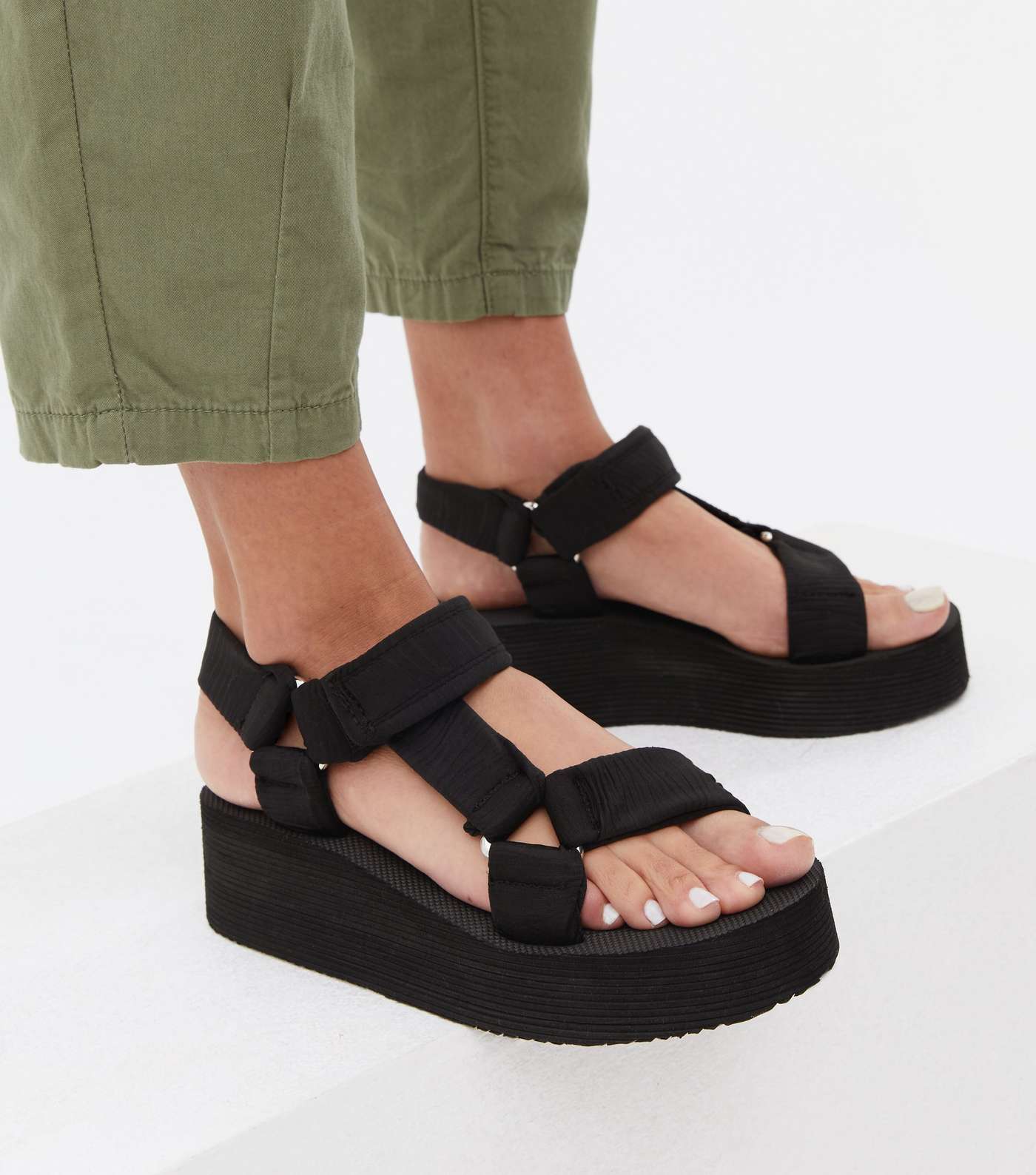 Black Strappy Chunky Wedge Sandals Image 2