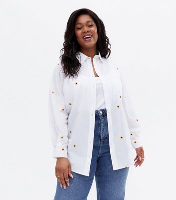 Curves White Sunflower Embroidered Shirt