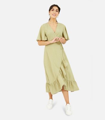 Mela Olive Spot Asymmetric Frill Midi Wrap Dress New Look