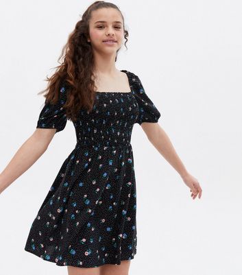 Girls black floral dress best sale