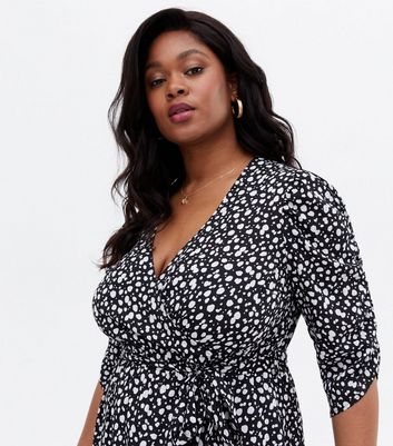 Curves Black Spot Crepe Mini Wrap Dress New Look