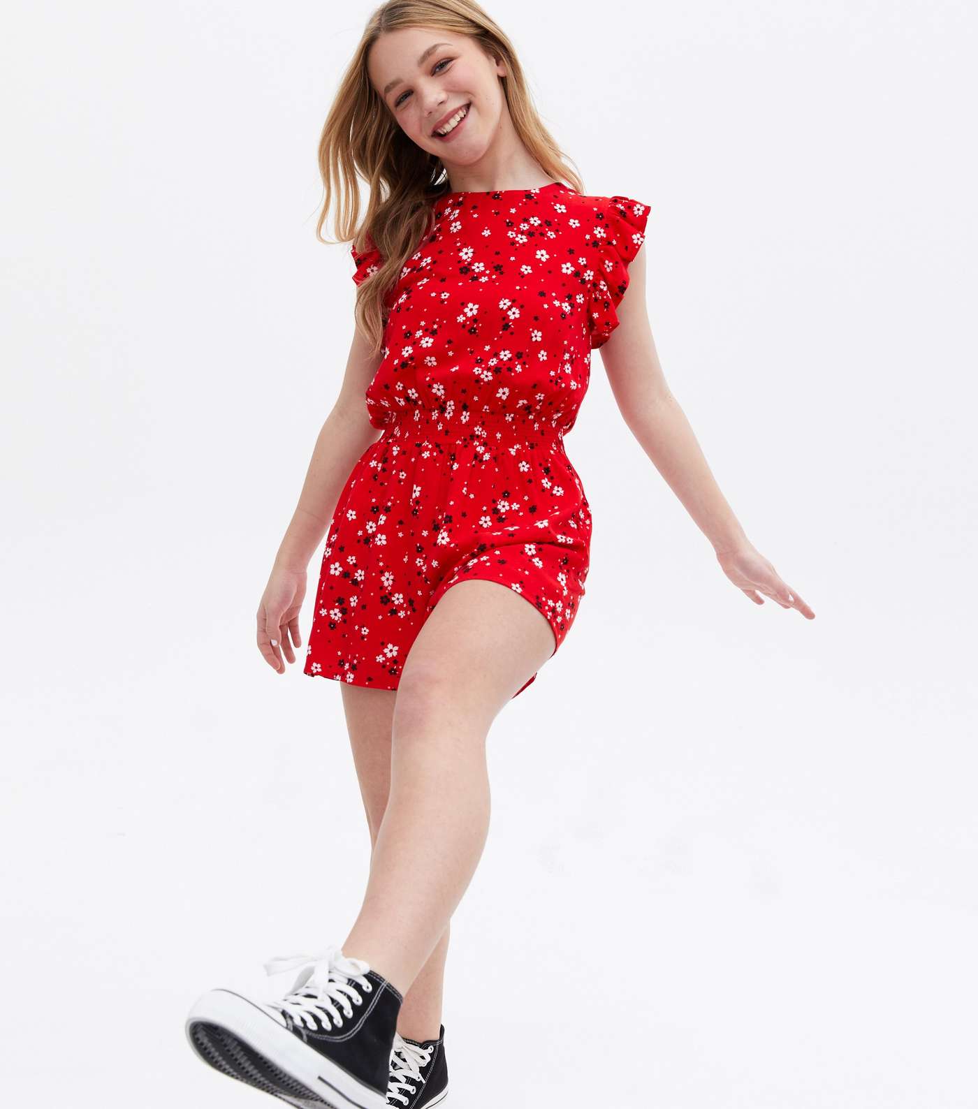 Girls Red Ditsy Floral Frill Playsuit