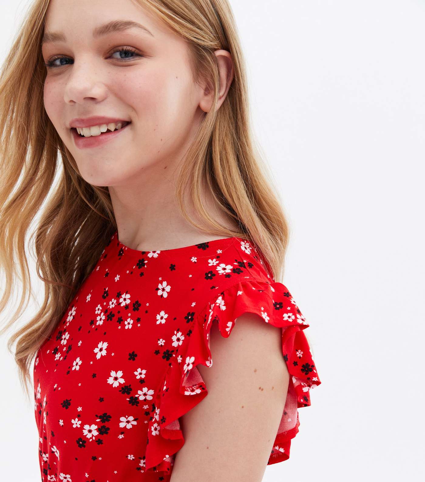 Girls Red Ditsy Floral Frill Playsuit Image 3