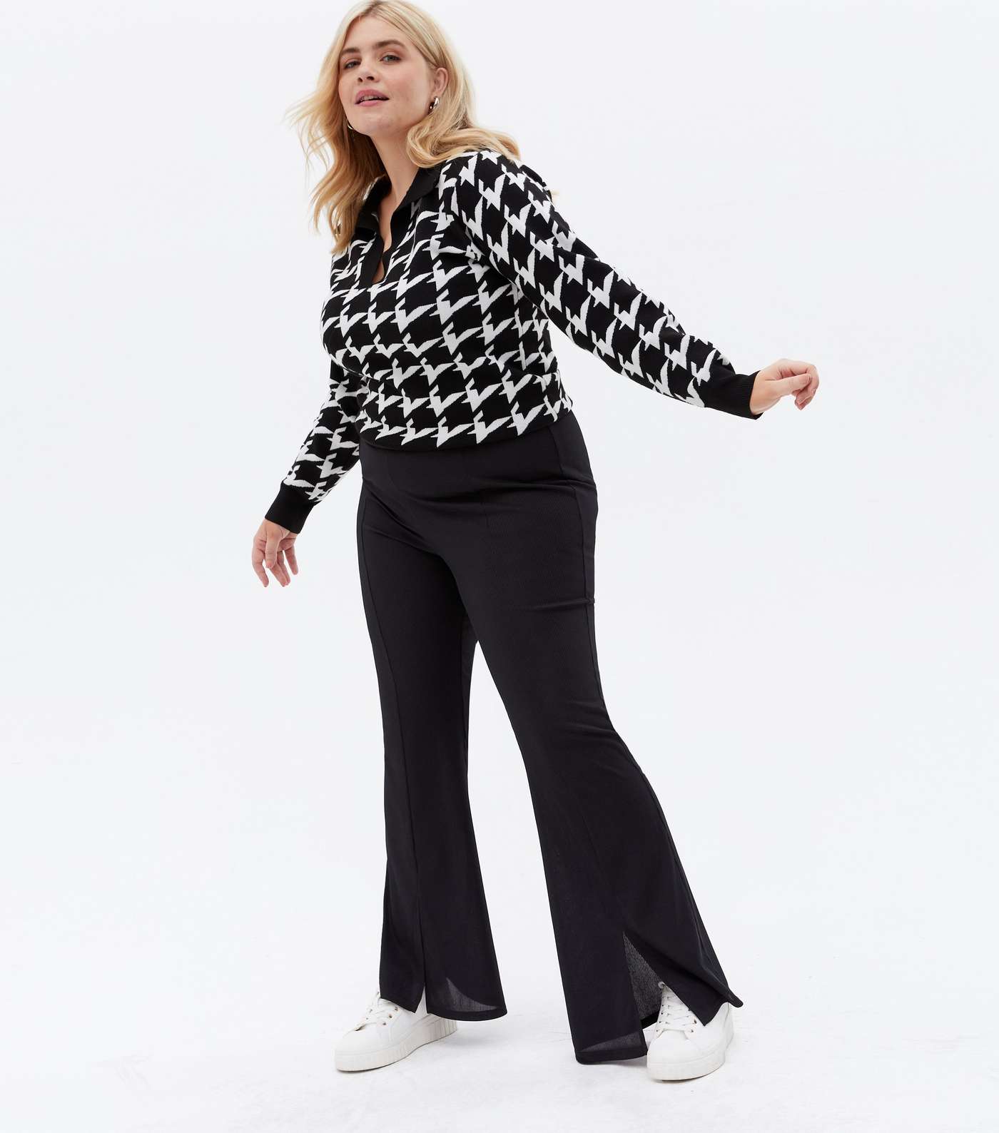 Curves Black Ribbed Split Front Flared Trousers