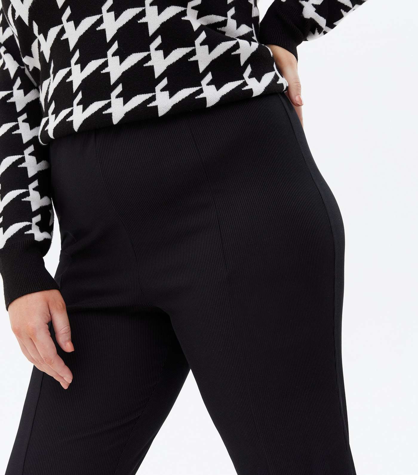 Curves Black Ribbed Split Front Flared Trousers Image 3