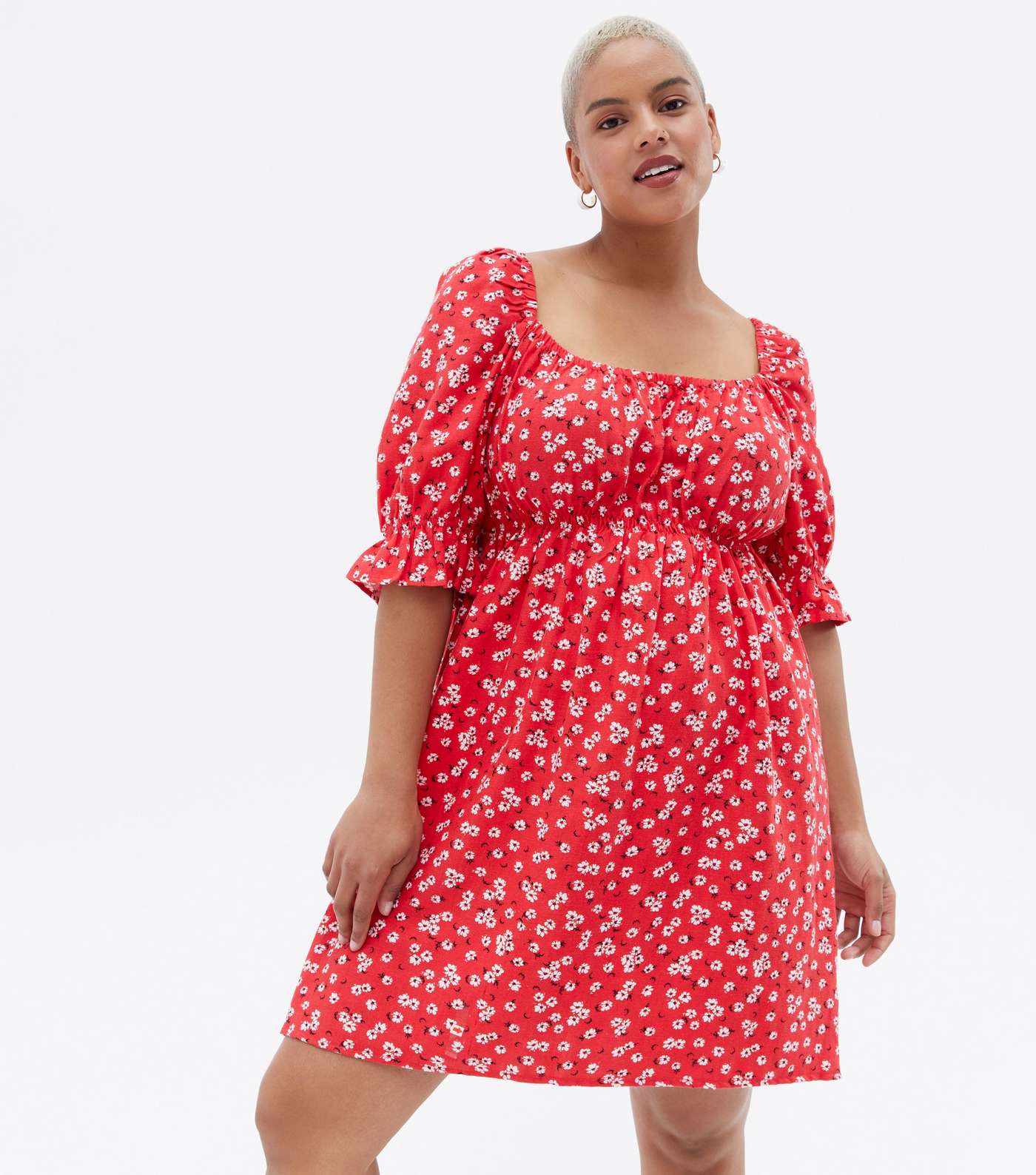 Curves Red Floral Linen-Look Puff Sleeve Mini Dress