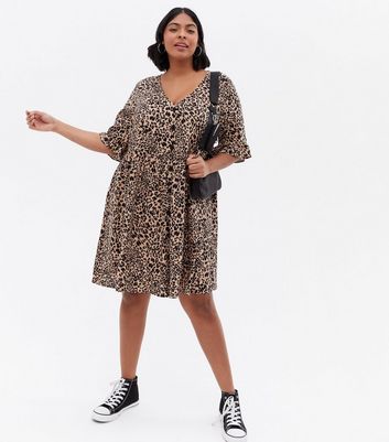 Curves Brown Leopard Print Button Front Mini Smock Dress New Look