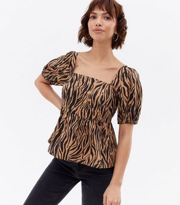 Brown Zebra Print Tie Back Peplum Top New Look