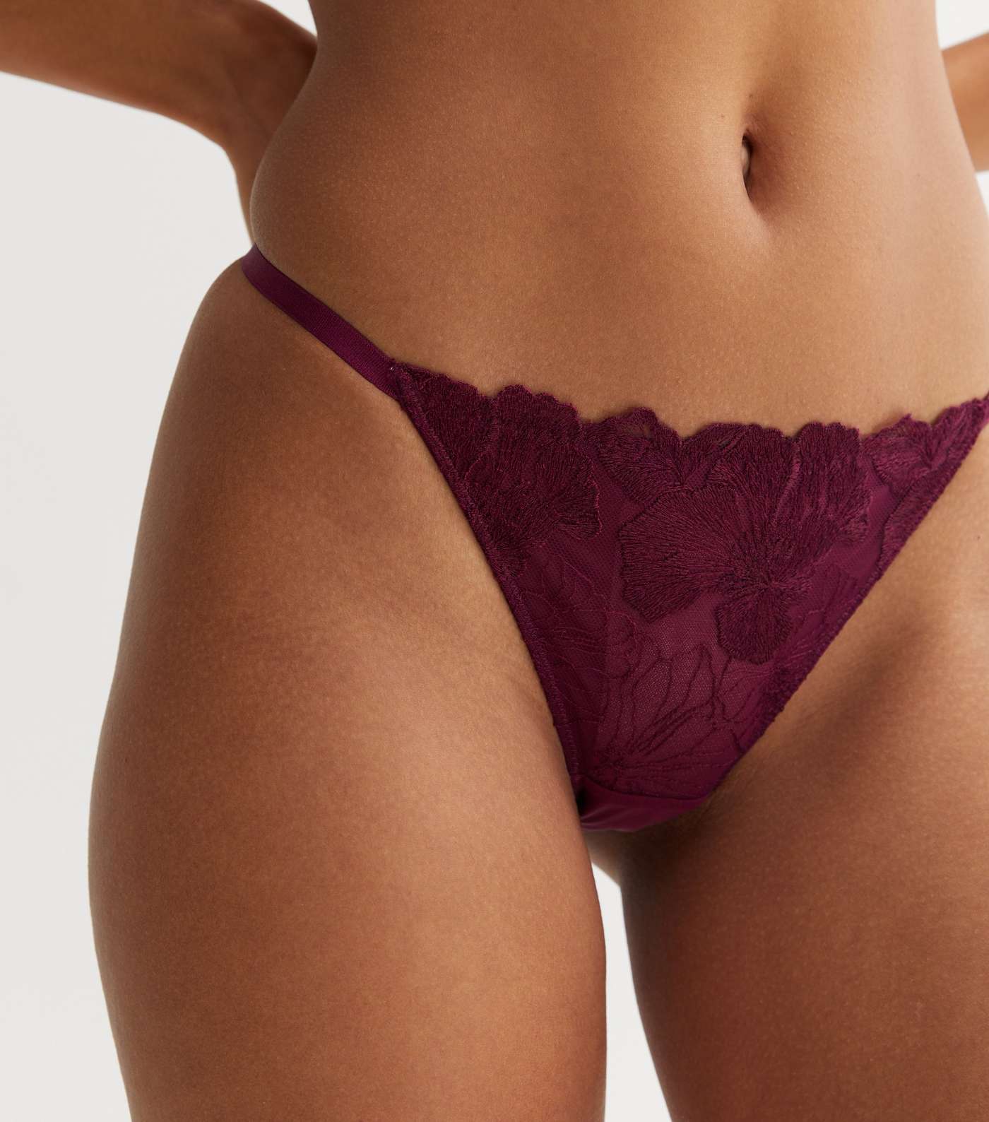Burgundy Floral Embroidered Lace Thong Image 3